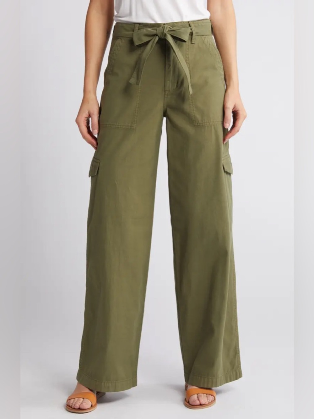 Madewell Griff High Rise Wide Leg Cargo Utility Pants Olive Green Sz 26 NO BELT